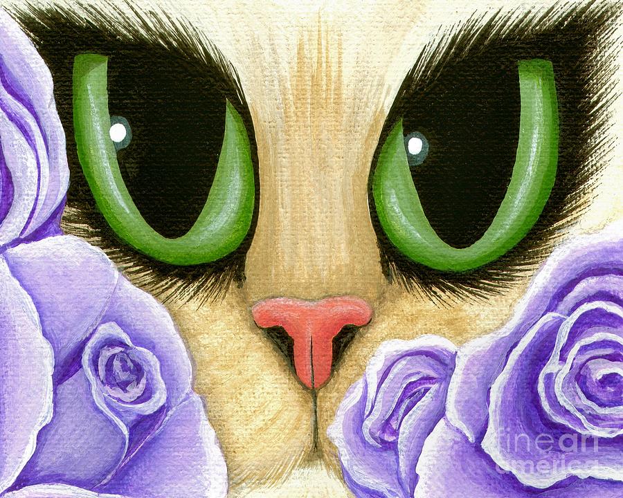 Lavender Roses Cat - Green Eyes Painting by Carrie Hawks