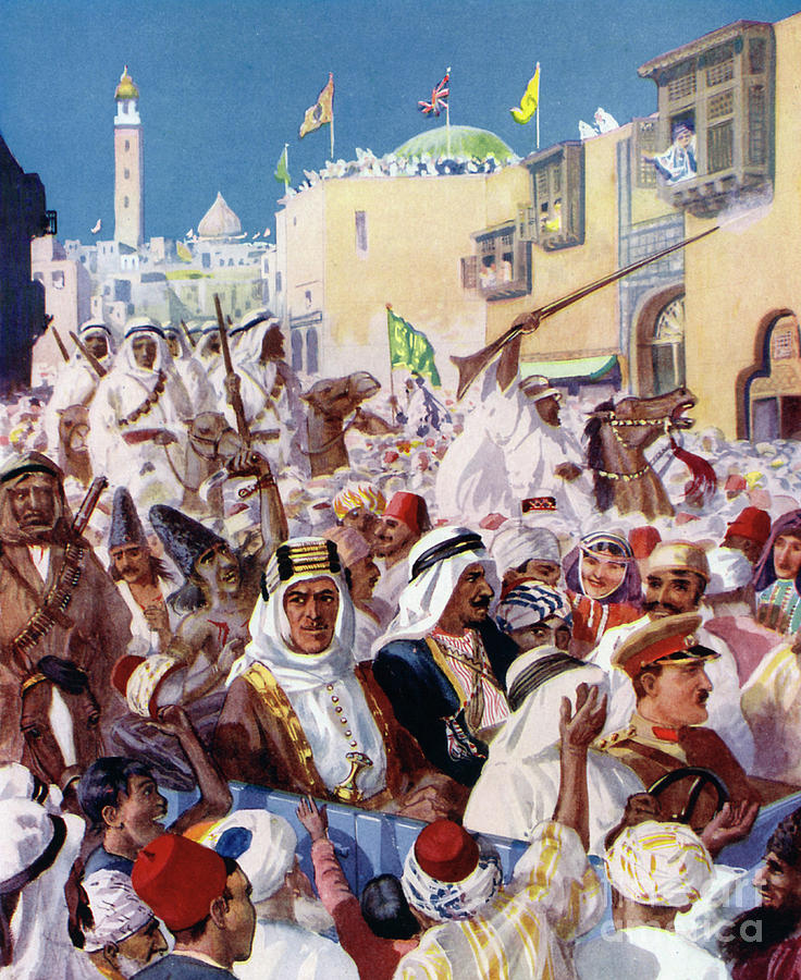 Lawrence of Arabia riding through the liberated city of Damascus Painting by English School