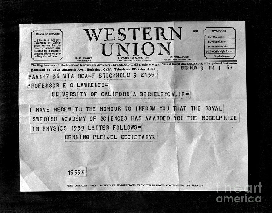 Lawrences Nobel Prize Telegram, 1939 Photograph by Science Source