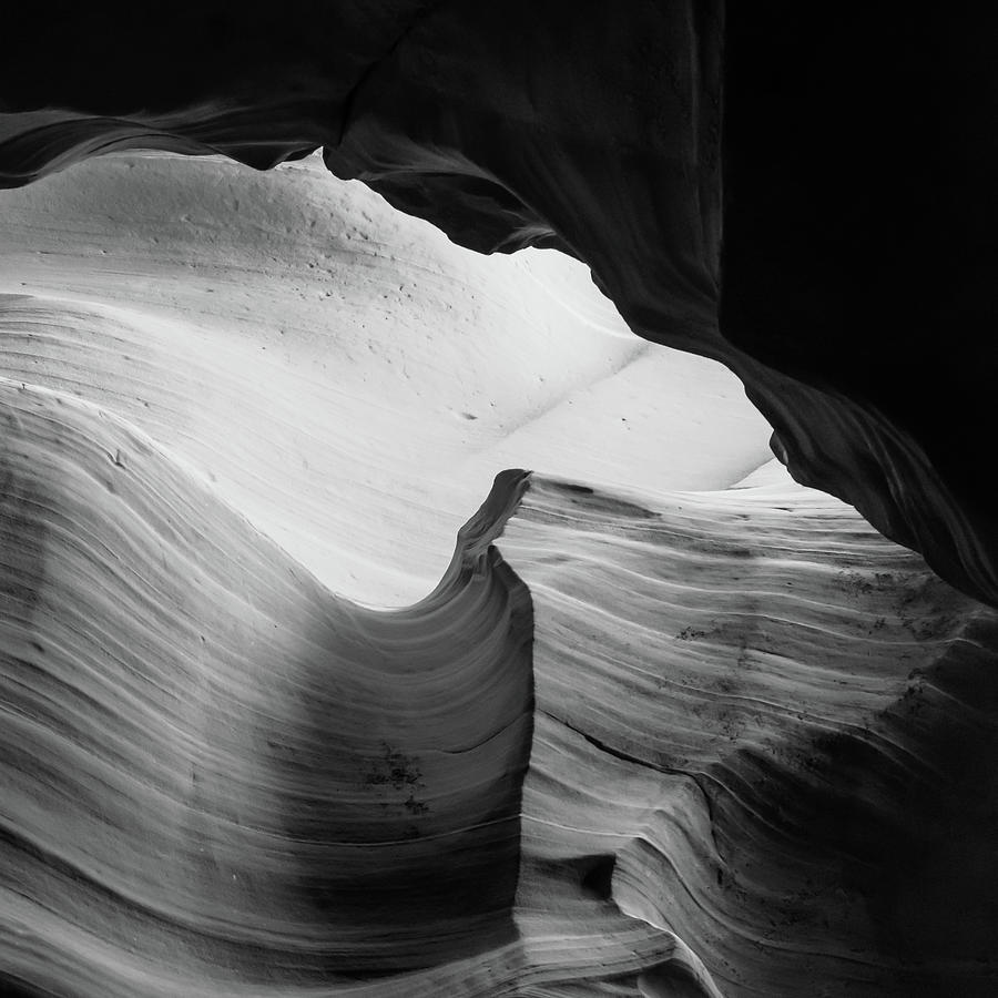 Antelope Canyon Photograph - Layered Shadows - Black and White - Antelope Canyon by Gregory Ballos