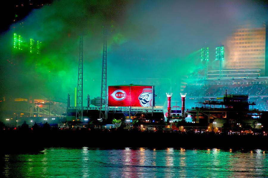 Cincinnati Photograph - Laser Green Smoke and Reds stadium by Randall Branham