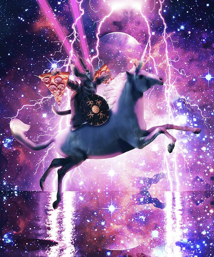 Lazer Warrior Space Cat Riding Unicorn Eating Pizza Digital Art by