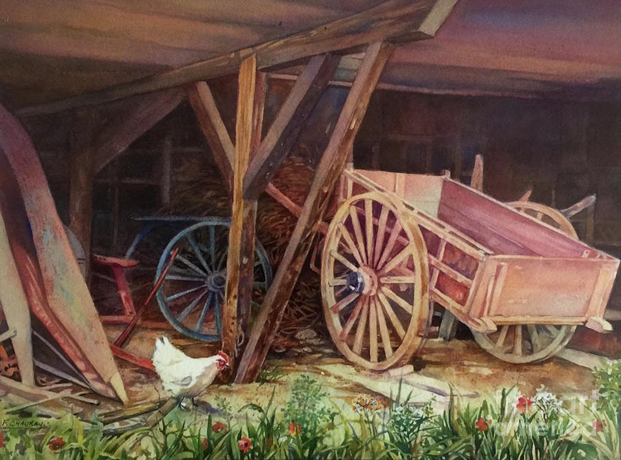 Chicken Painting - Le Hangar A Foin by Francoise Chauray