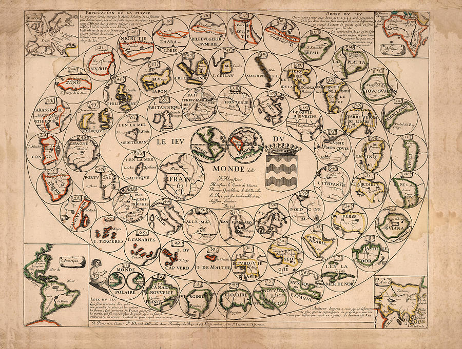 le jeu du monde - Board Game - Historical Map - Paris 1645 Drawing