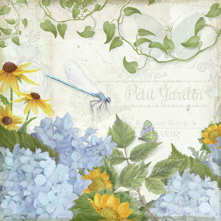 Le Petit Jardin 2 - Garden Floral w Dragonfly, Butterfly, Daisies and Blue Hydrangeas Painting by Audrey Jeanne Roberts