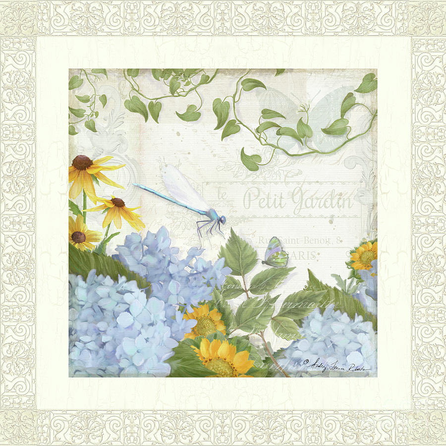 Le Petit Jardin 2 - Garden Floral W Dragonfly, Butterfly, Daisies And Blue Hydrangeas w Border Painting by Audrey Jeanne Roberts