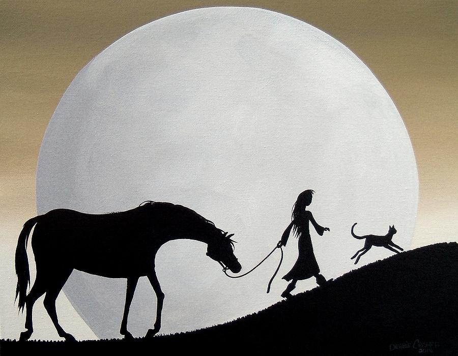 Lead the way - horse cat moon girl silhouette Painting by Debbie Criswell
