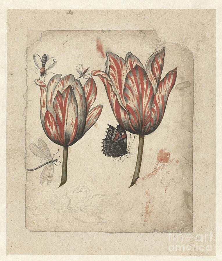 Leaf with two tulips and some insects Painting by Celestial Images