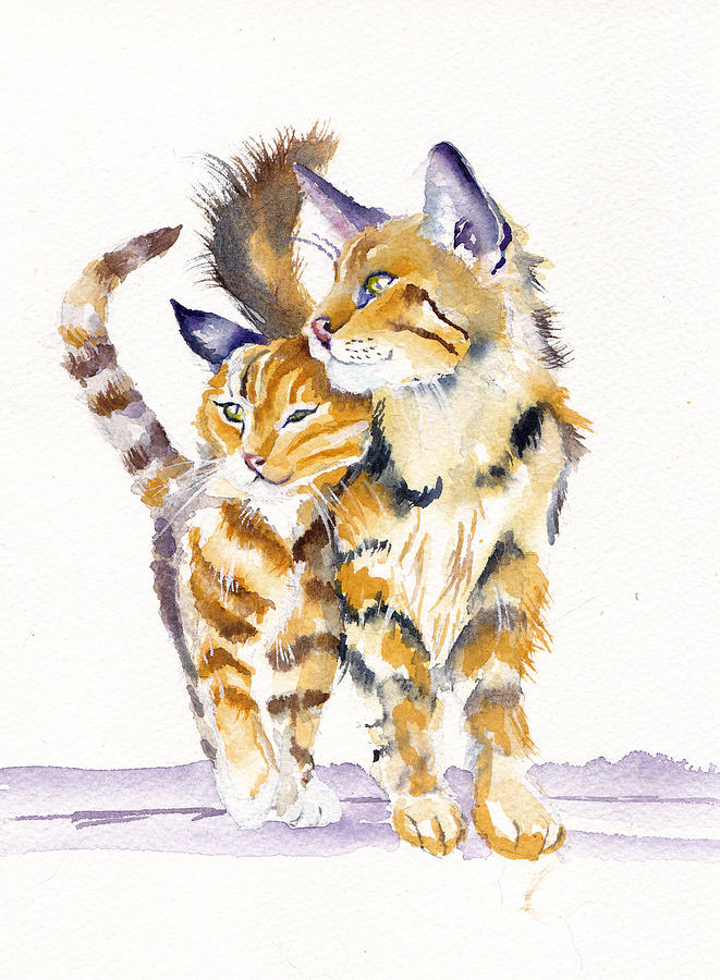 Cat Painting - Cats in Love - Lean on me by Debra Hall