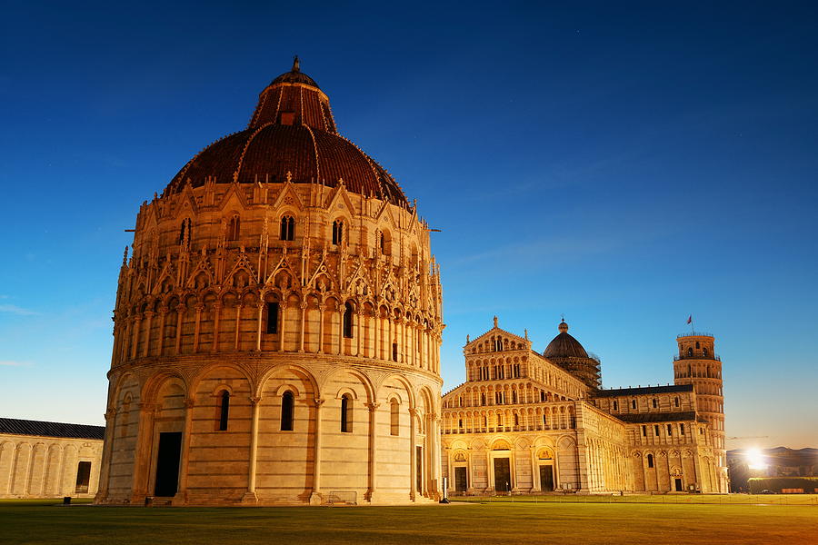 Leaning tower cathedral in Pisa night Photograph by Songquan Deng