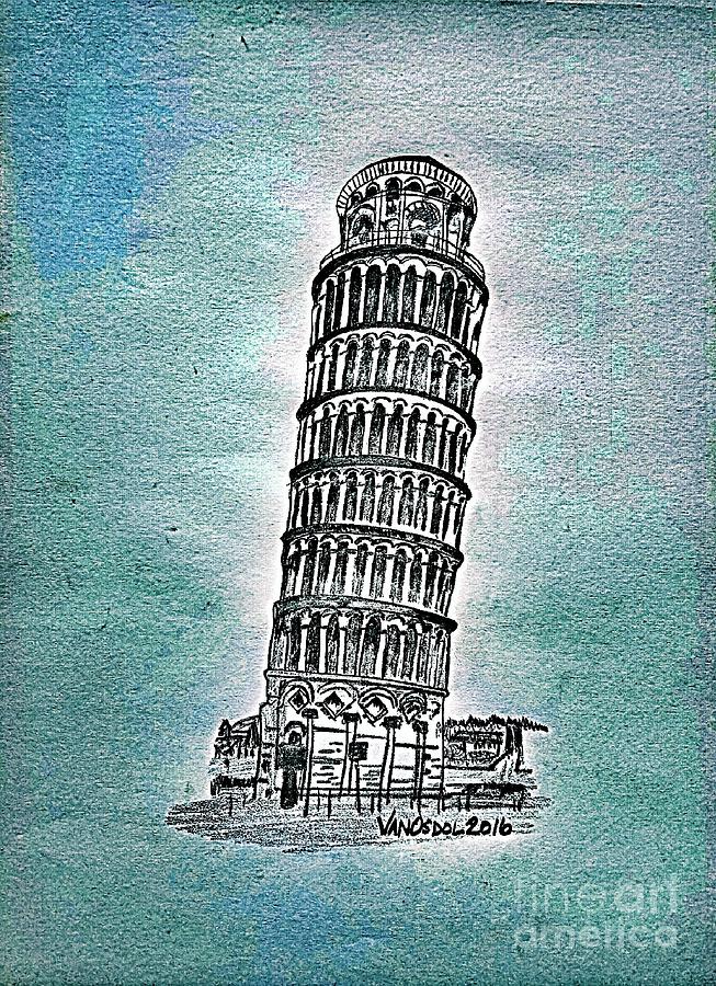 Leaning Tower Of Pisa - Blue Abstract Drawing by Scott D Van Osdol