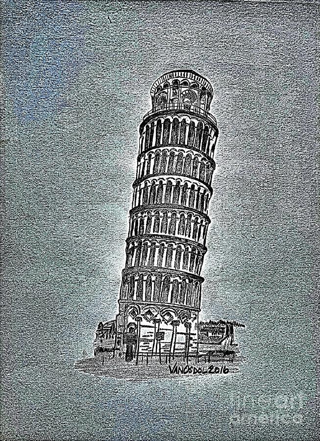 Leaning Tower Of Pisa - Blue Textured Background Drawing by Scott D Van ...