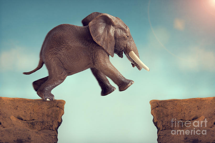 Elephant Photograph - Leap Of Faith Concept Elephant Jumping Across A Crevasse by Lee Avison