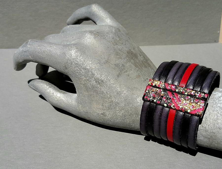Leather and enamel bracelet red, black  Jewelry by Brenda Berdnik