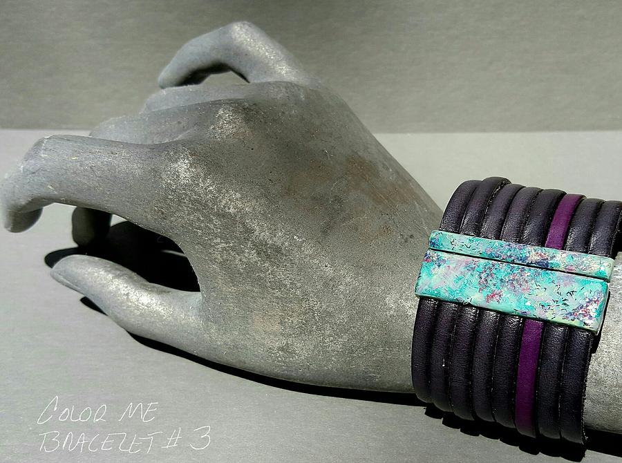 Leather and enamel bracelet teal, blue, purple, lavender, white Jewelry by Brenda Berdnik