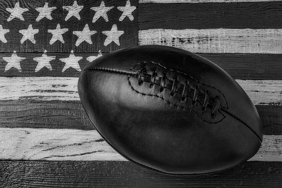 Leather Football On Flag Black And White Photograph by Garry Gay