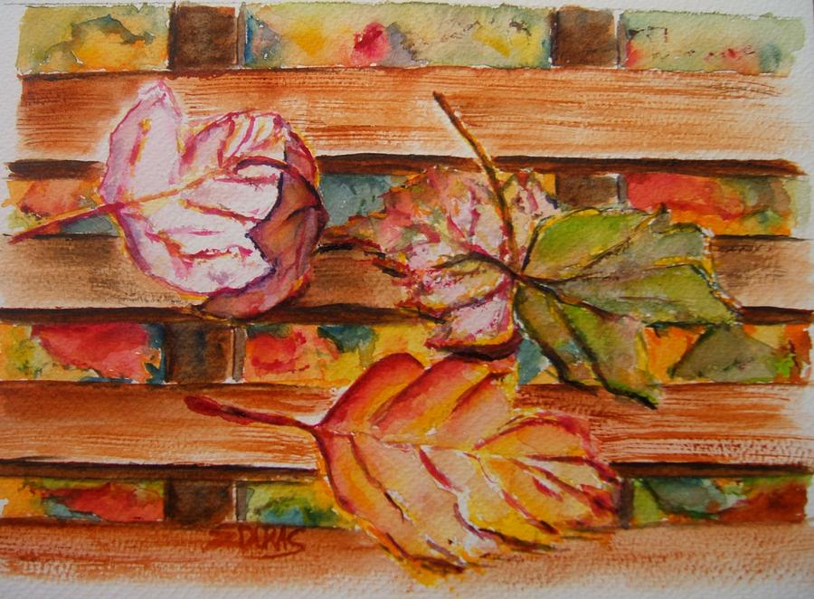 Leaves On The Bench Painting by Elaine Duras