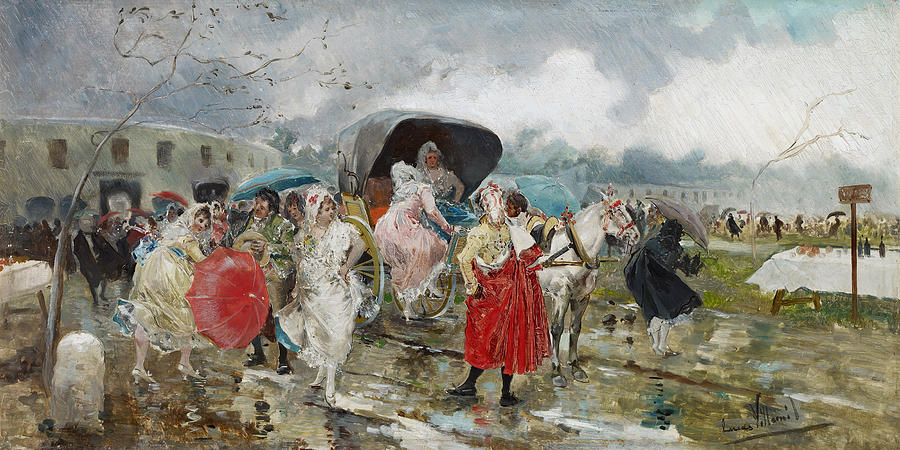 Leaving the Bullring. Rain Painting by Eugenio Lucas Villaamil