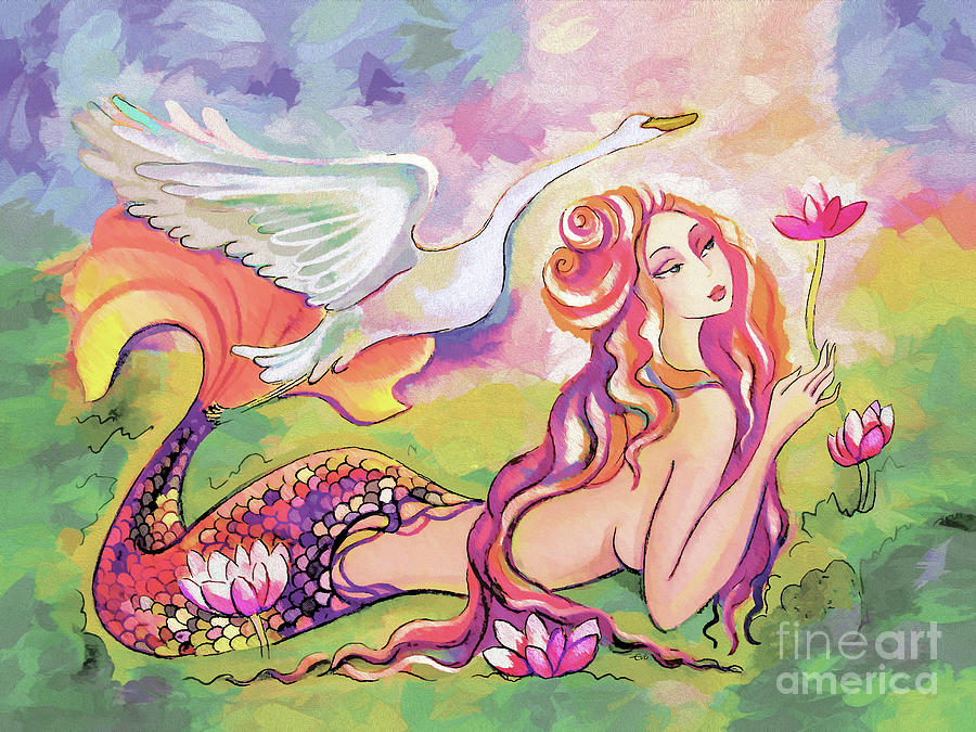 Mermaid Leda and the Swan Painting by Eva Campbell