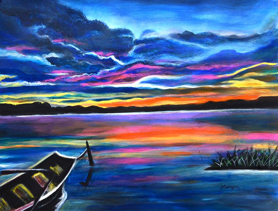 Left Alone a seascape boat painting at sunset  Painting by Manjiri Kanvinde
