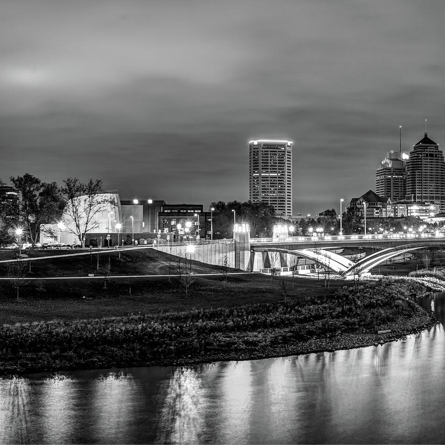 Left Panel 1 of 3 - Columbus Ohio Skyline at Night in Black and White Photograph by Gregory Ballos