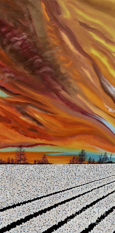 Sunset Painting - Left Panel Cotton Field Triptych by Terry  Hester