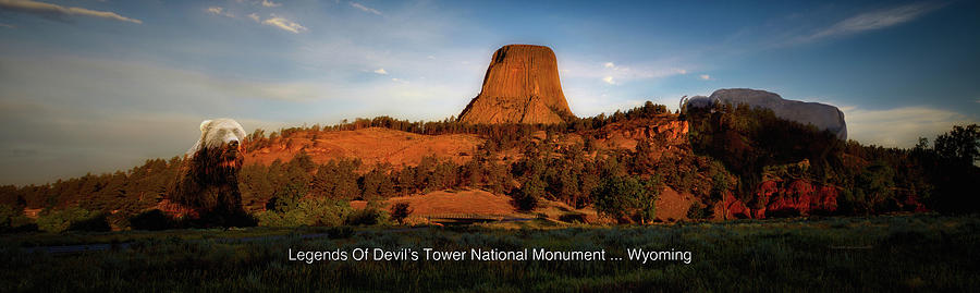Legends Of Devils Tower National Monument Wyoming Panorama With Text Photograph by Thomas Woolworth