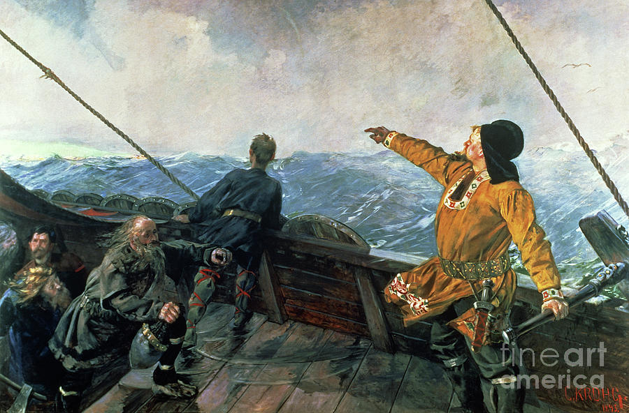 Leif Eriksson sights land in America Painting by Christian Krohg