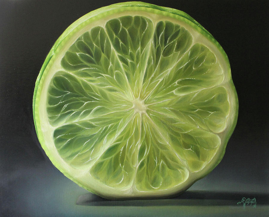 Still Life Painting - Fresh Lemon Slice Tempera Painting by Catalina Diaz
