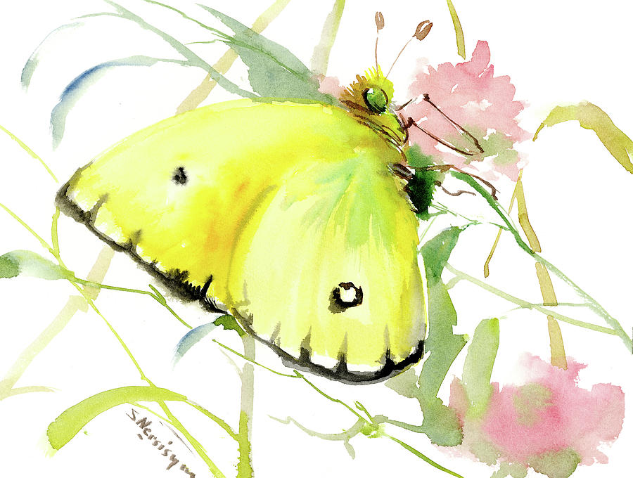 Lemon Yellow Butterfly Painting by Suren Nersisyan