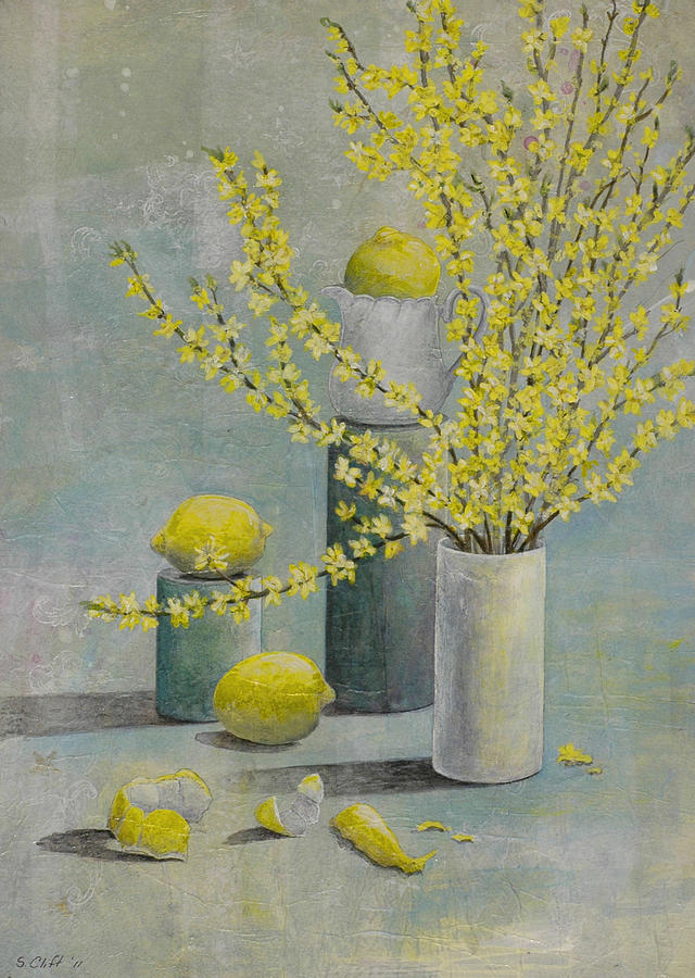 Lemons and Forsythia Painting by Sandy Clift
