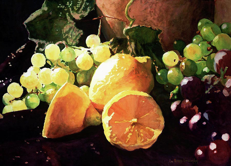 Lemons and grapes Painting by Eva Ramanuskas