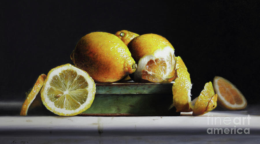 Lemon Painting - Lemons On A Tin by Lawrence Preston