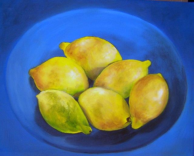 Lemons on blue Painting by Susan Dehlinger