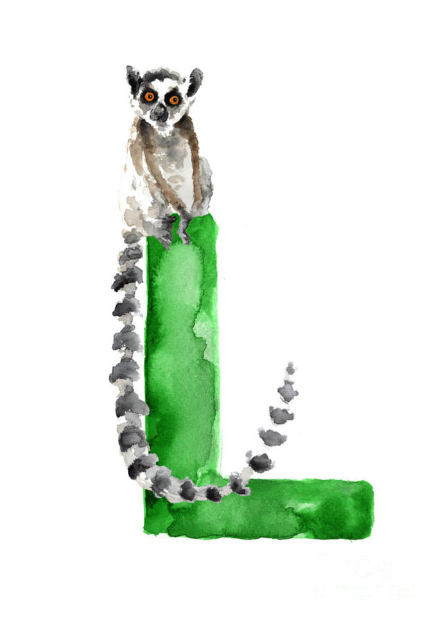 Abstract Painting - Lemur watercolor alphabet painting by Joanna Szmerdt