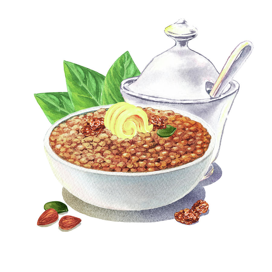 Still Life Painting - Lentil Soup Watercolor Food Illustration by Irina Sztukowski