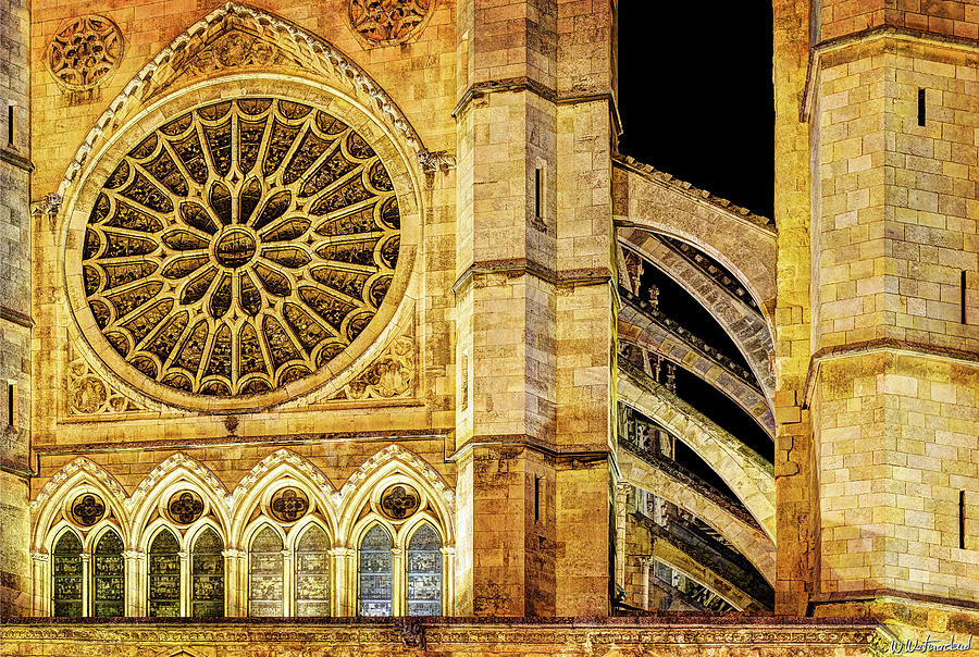 Leon Cathedral Rose Window and Buttress- Vintage Photograph by Weston Westmoreland