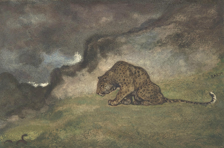 Leopard Watching Serpent Drawing by Antoine-Louis Barye