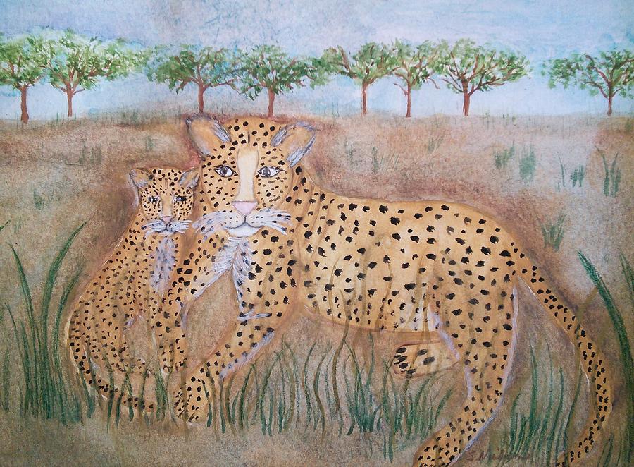 Leopard with cub Painting by Susan Nielsen