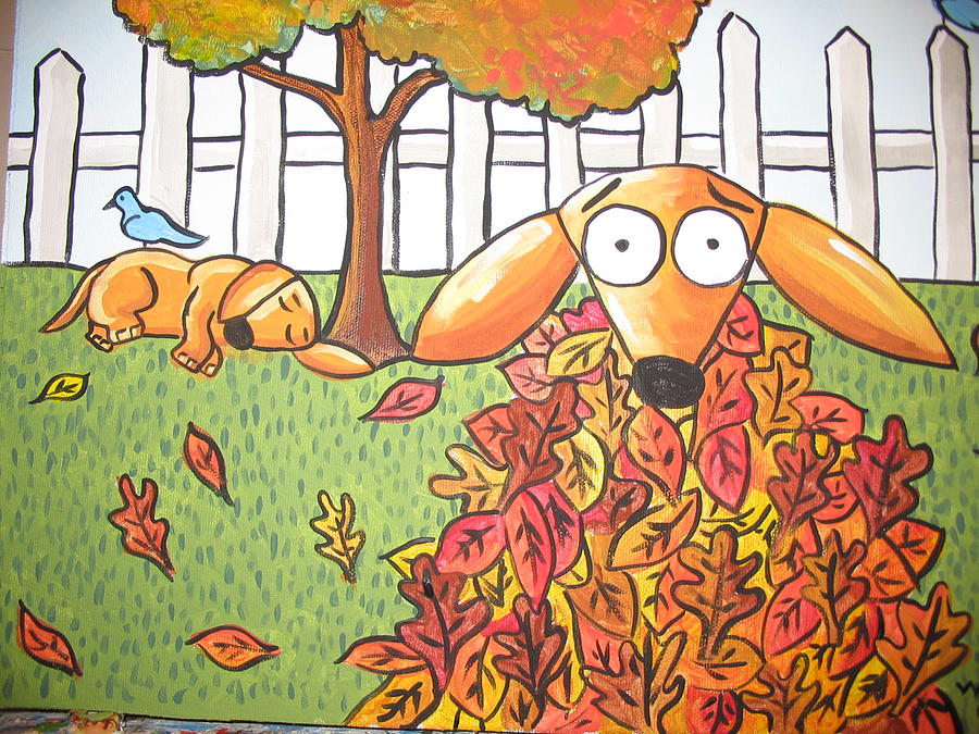 Dog Painting - Leos first fall by Rhondda Saunders