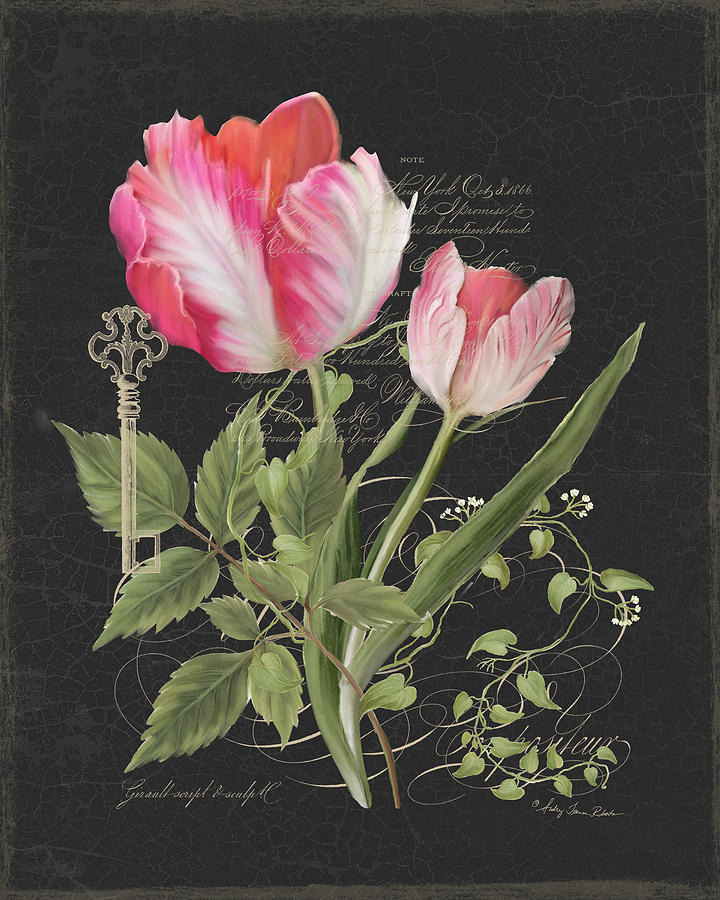 Les Fleurs Magnifiques en Noir - Parrot Tulips Vintage Style Painting by Audrey Jeanne Roberts