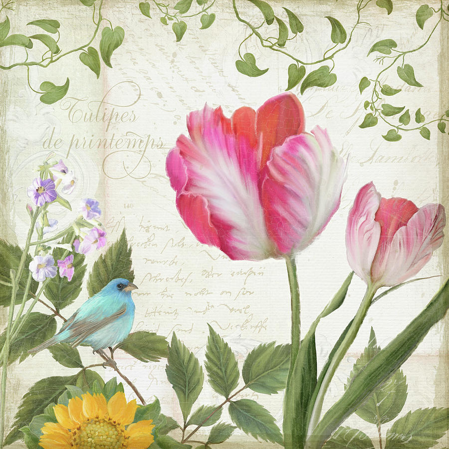 Tulip Painting - Les Magnifiques Fleurs III - Magnificent Garden Flowers Parrot Tulips n Indigo Bunting Songbird by Audrey Jeanne Roberts