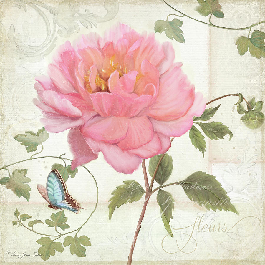 Les Magnifiques Fleurs IV - Magnificent Garden Flowers Pink Peony n Blue Butterfly Painting by Audrey Jeanne Roberts
