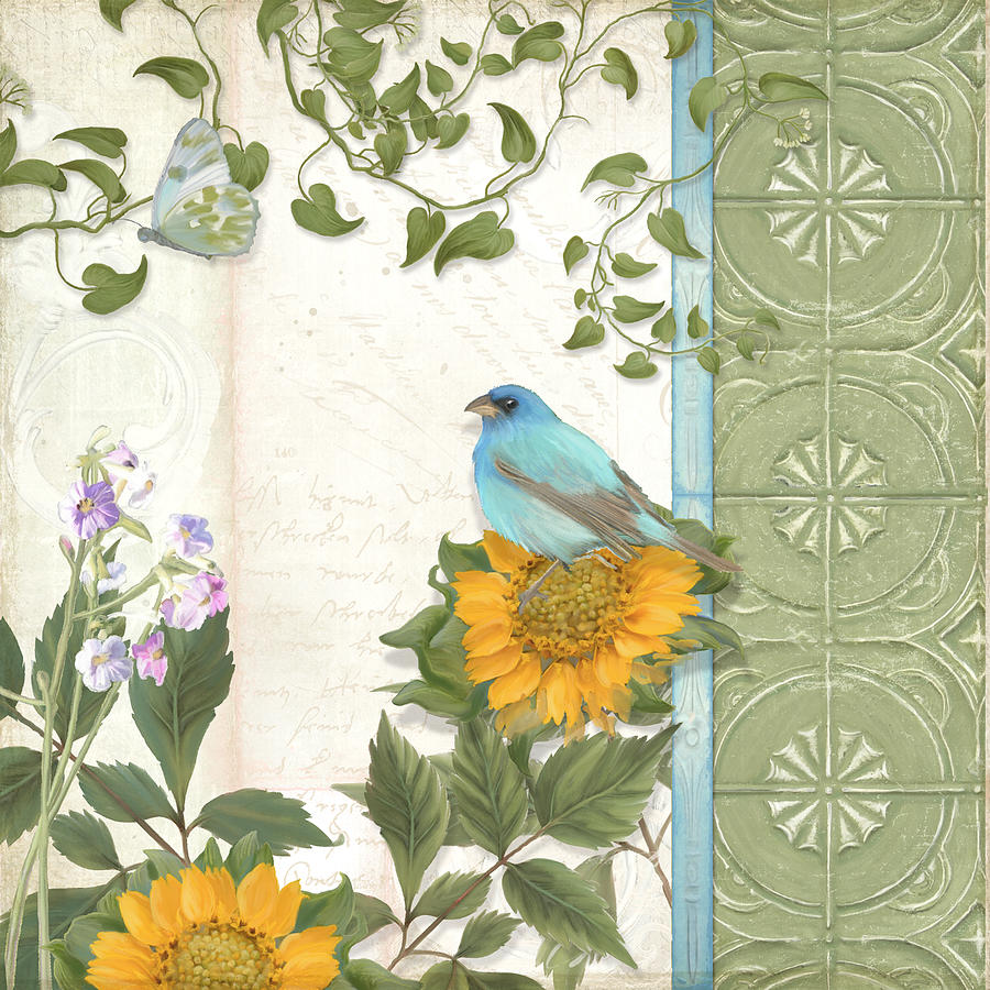 Bird Painting - Les Magnifiques Fleurs IV - Secret Garden by Audrey Jeanne Roberts