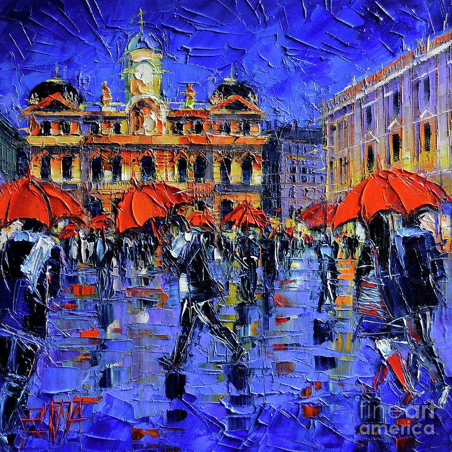 Umbrella Painting - LES PARAPLUIES DE LYON modern impressionist palette knife oil painting by Mona Edulesco
