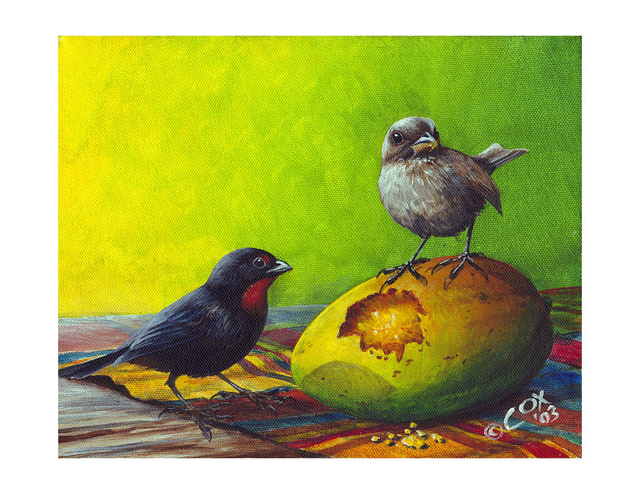Wildlife Painting - Lesser Antillean Bullfinches and mango by Christopher Cox