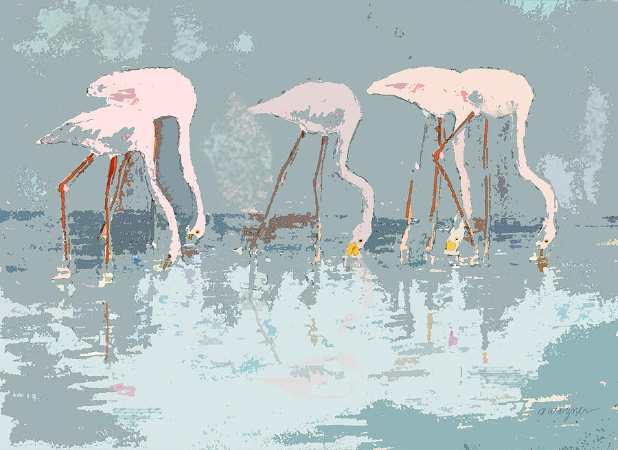 Lesser Flamingos Feeding Mixed Media by Arline Wagner