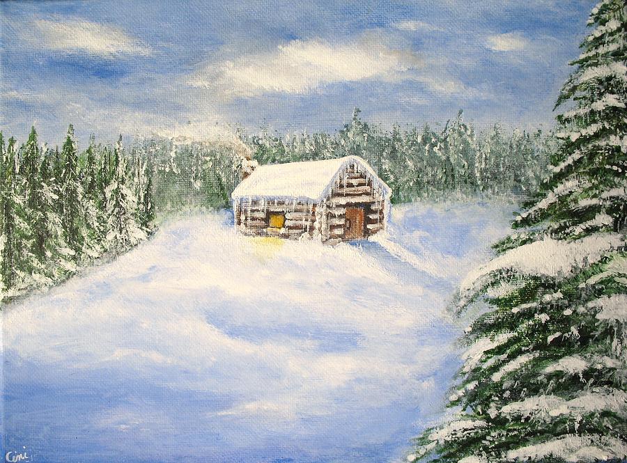 Log Cabin Painting - Let It Snow by Lisa Cini Log Cabin Painting - Let It Snow by Lisa Cini