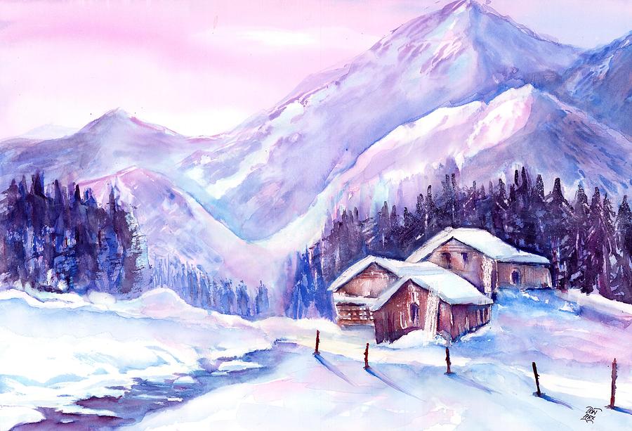 Swiss Mountain cabins in snow Painting by Sabina Von Arx