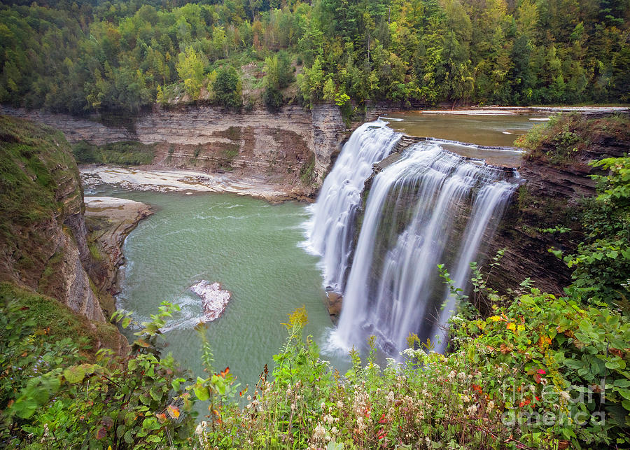 Letchworth Middle Falls and Gorge in Early Autumn Photograph by Karen Jorstad